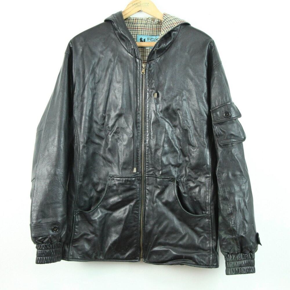 Y2K Hooded Fox Leather Bomber Jacket Men's Medium Brown Grunge Vintage